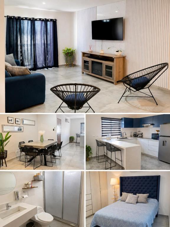 a collage of four pictures of a living room at Depa Coralux in San Carlos