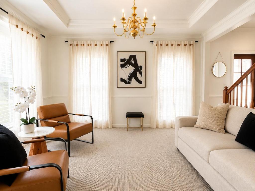a living room with a couch and a chandelier at 4BR Home with Private Cinema in West Henrietta