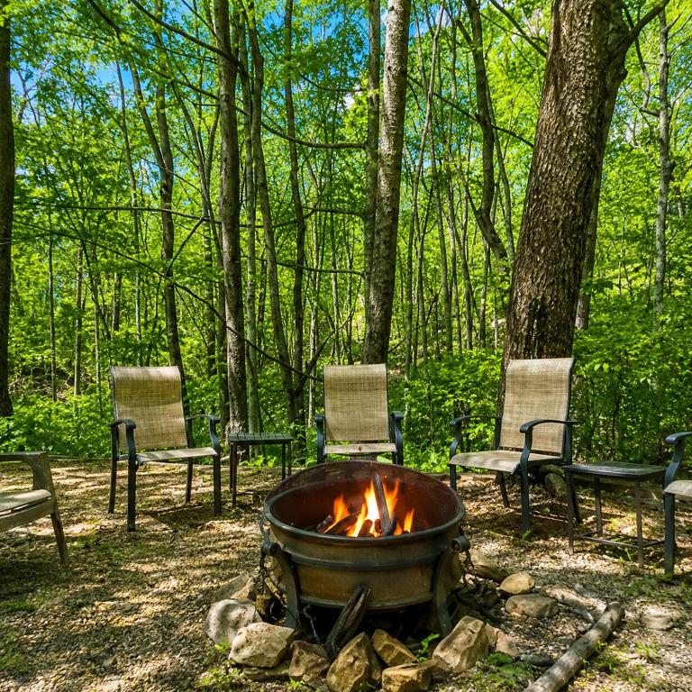 a fire pit in the middle of a forest with chairs at Hearts Hideaway in Morganton