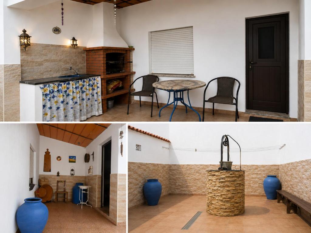 a kitchen and a living room with a table and chairs at Casa Bia Olívia in Albernoa