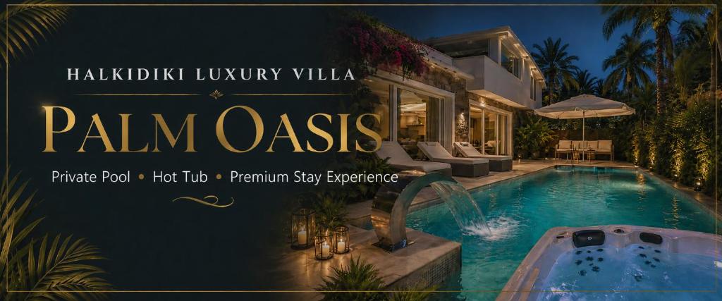 a poster for a villa palmiiki luxury villa palm oasis at Halkidiki Luxury Villa Palm Oasis Private Pool & Hot Tub in Nea Irakleia