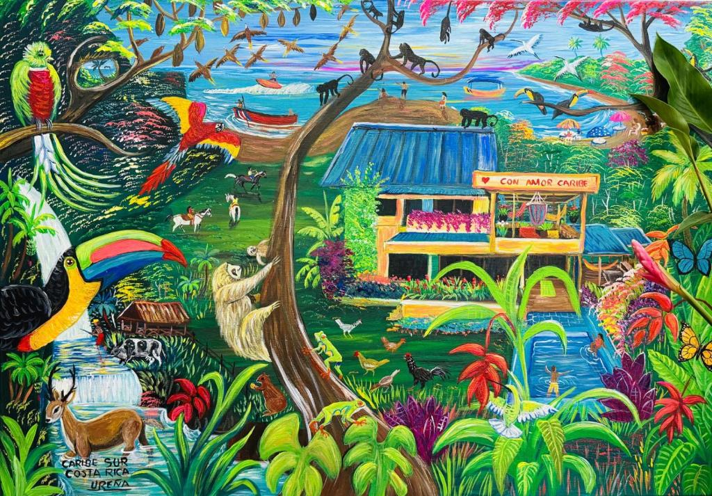 a mural of a forest with a house in the middle at Con Amor Caribe - New 240 sqm Villa & Private Pool in Puerto Viejo