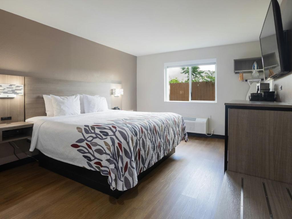 a hotel room with a bed and a window at Red Roof Inn Binghamton North in Binghamton