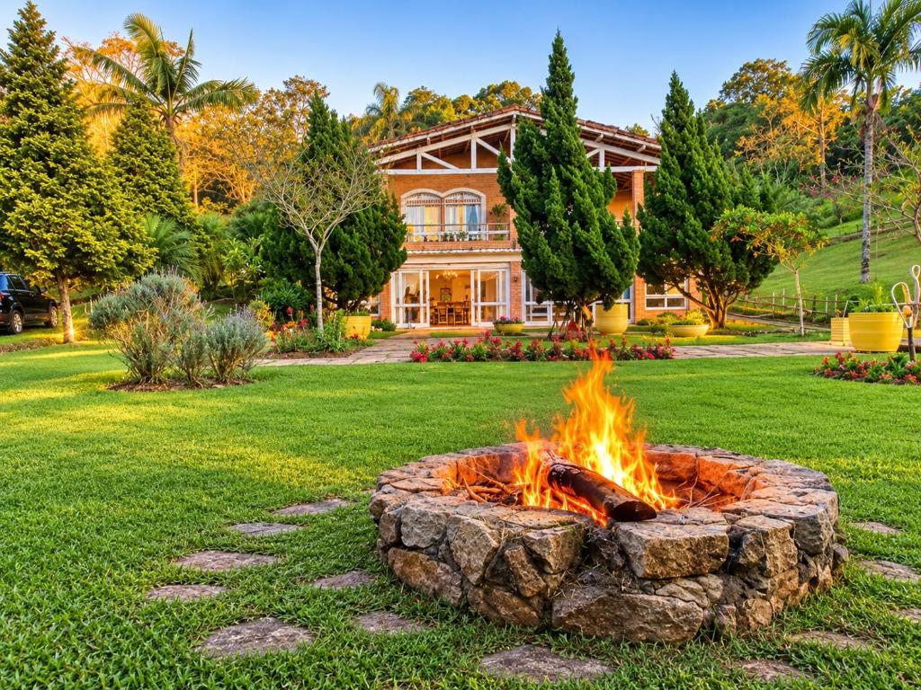 a fire pit in a yard in front of a house at Pousada Sítio das Cerejeiras in São Roque