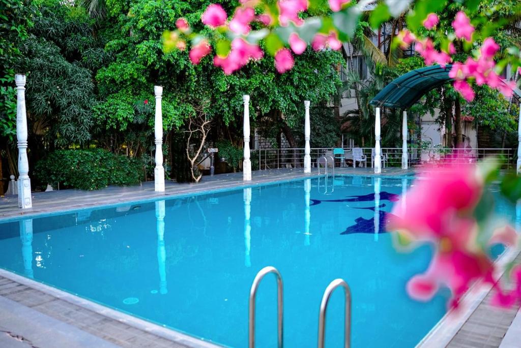 a swimming pool with blue water and pink flowers at Jaffna City Hotel in Jaffna