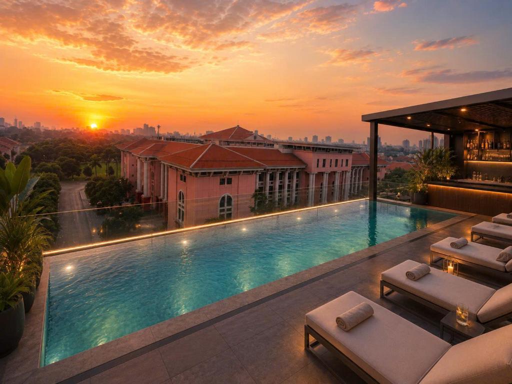a swimming pool on top of a building with a sunset at Minerva Prestige Hotel in Hanoi