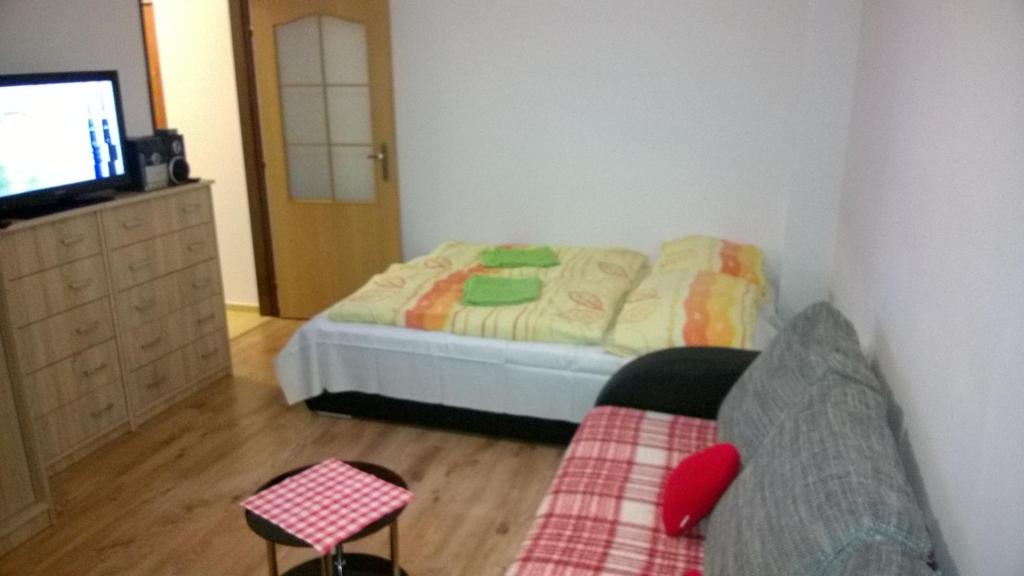 1 dormitorio con 1 cama, vestidor y TV en Apartment LULU, en Štrbské Pleso