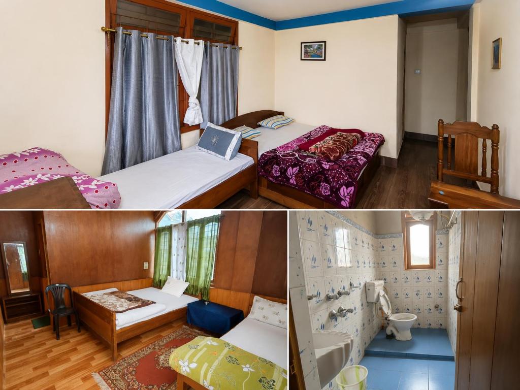 two pictures of a room with two beds in it at Sunrise hotel Tawang in Tawang