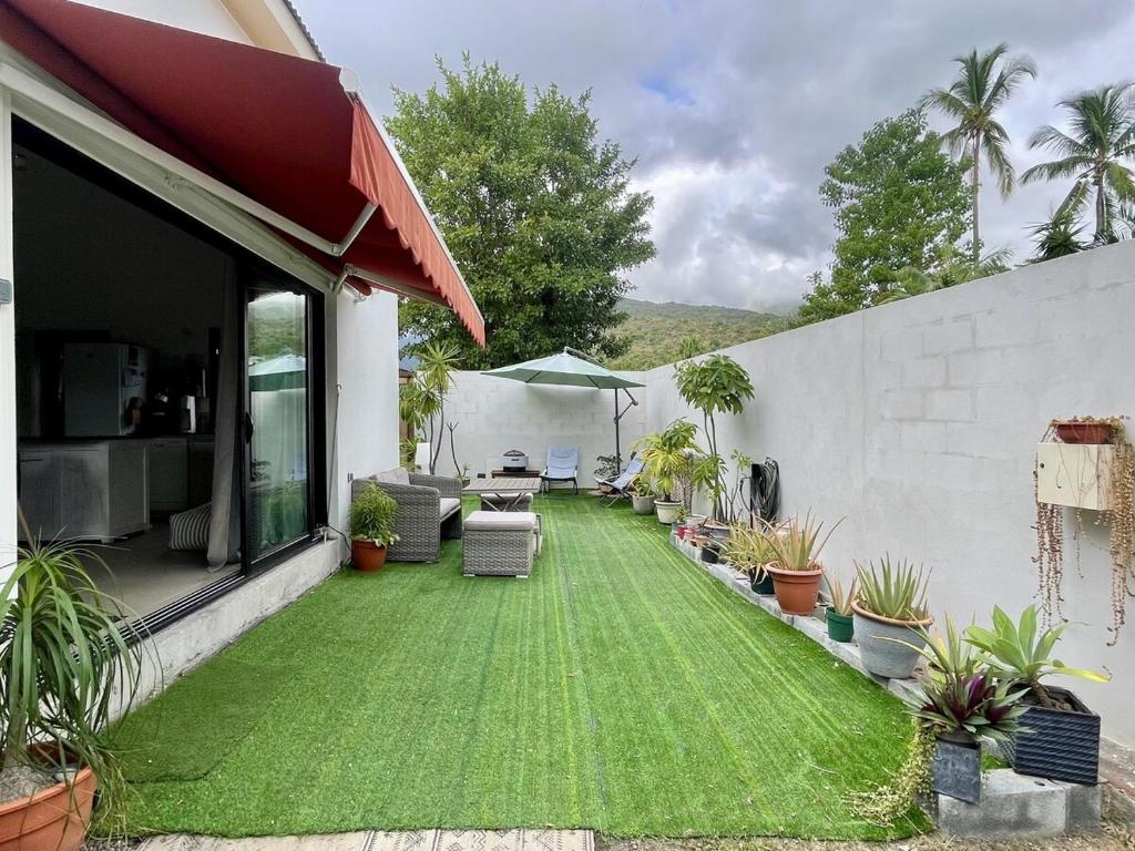 a backyard with a green lawn with plants at La Kazbanon in La Possession