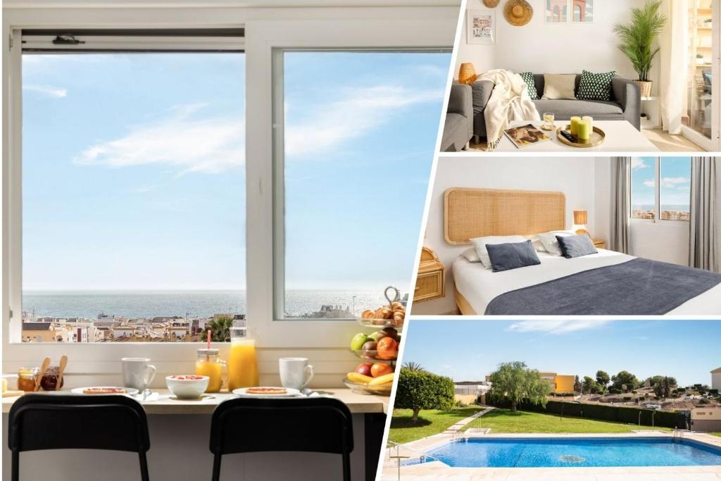 a hotel room with a view of a pool and a bedroom at Gran Sol 3BR - Sea View - AC & Wifi - 10 min to Beach in Rincón de la Victoria
