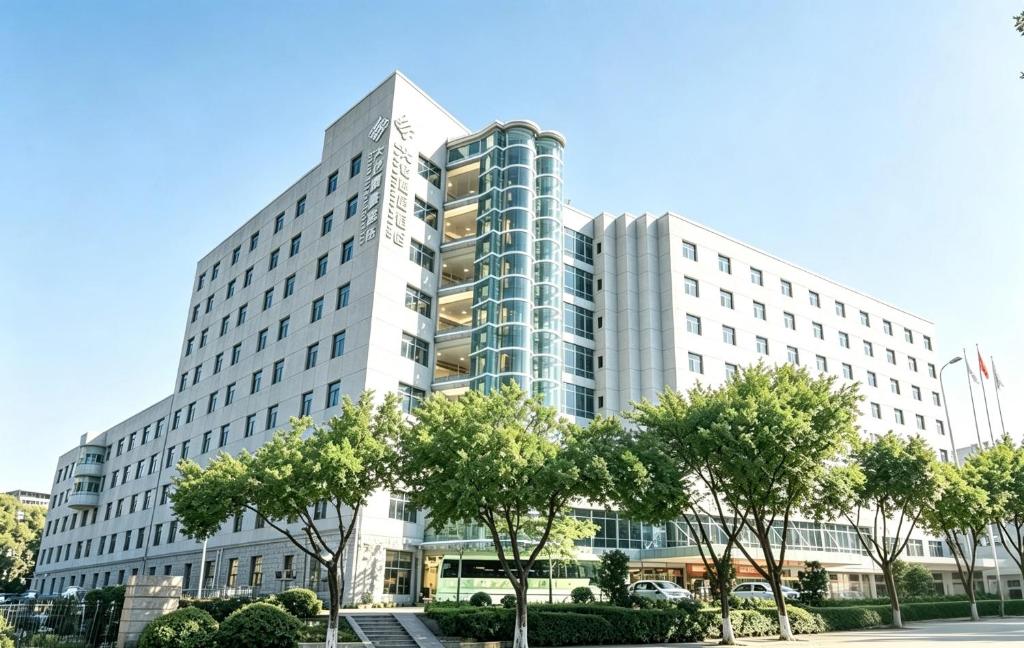 a large white building with trees in front of it at Dayi Yihao hotel in Xiamen