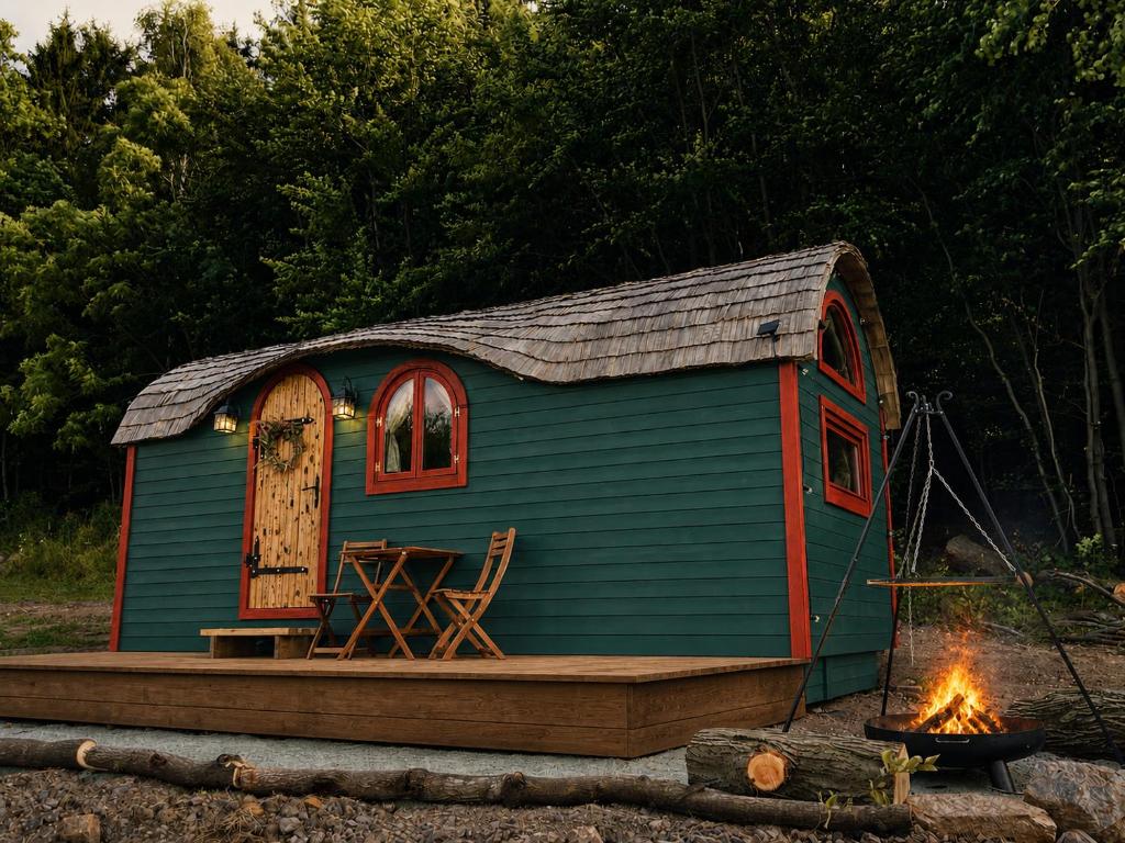 a small blue house with a table and a fire at Stativa Przygorze201 Sowie Góry in Przygórze