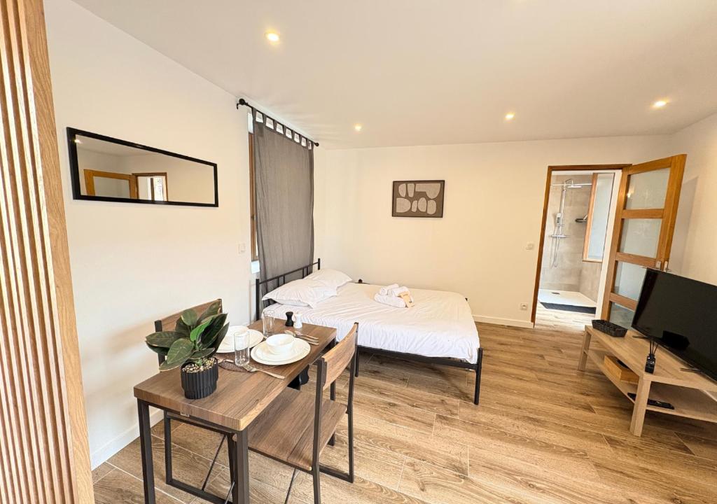 a room with a bed and a table and a tv at Studio Cosy Pont-Saint-Maxence in Pont-Sainte-Maxence
