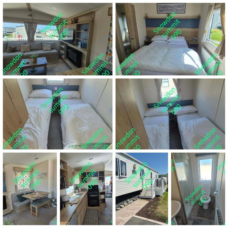 a collage of pictures of a bedroom with a bed at Caravan 133 snowdon summit 090 in Barmouth