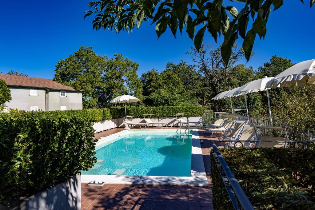 a swimming pool with chairs and umbrellas at Agriturismo La Filomena in Montefortino