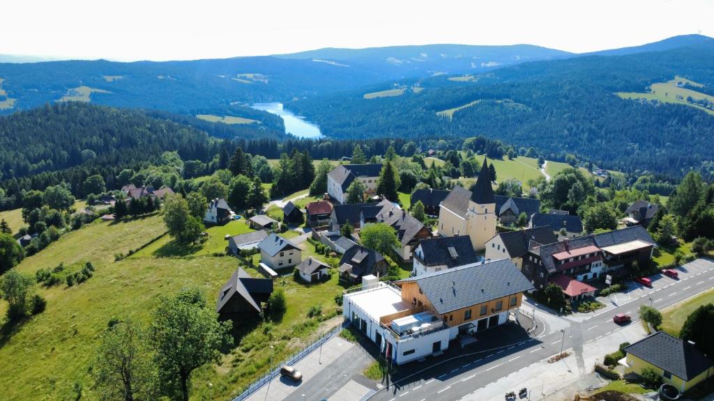 an aerial view of a small village with a house at Packerhöhe in Pack