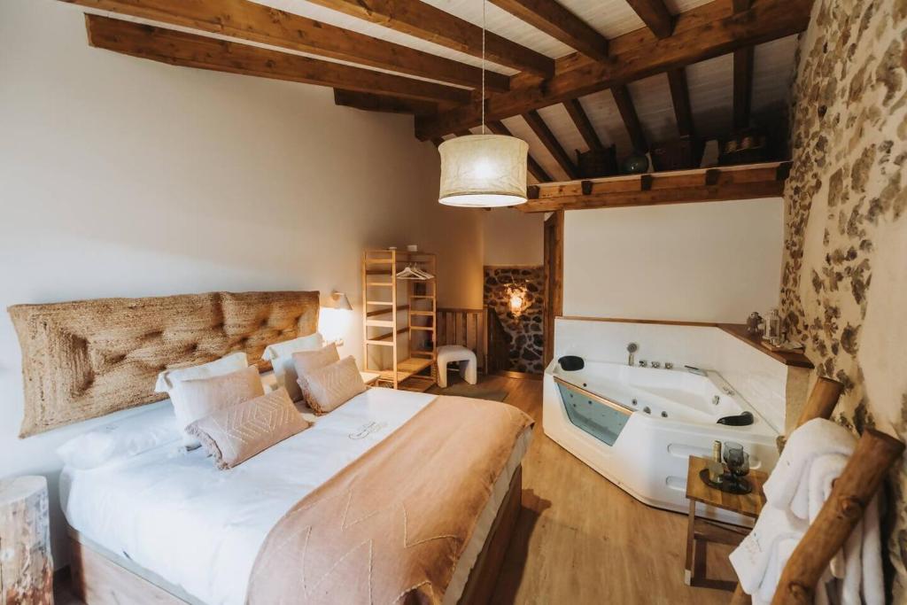 a bedroom with a large bed and a bath tub at La casa del Mayoral in Tremedal