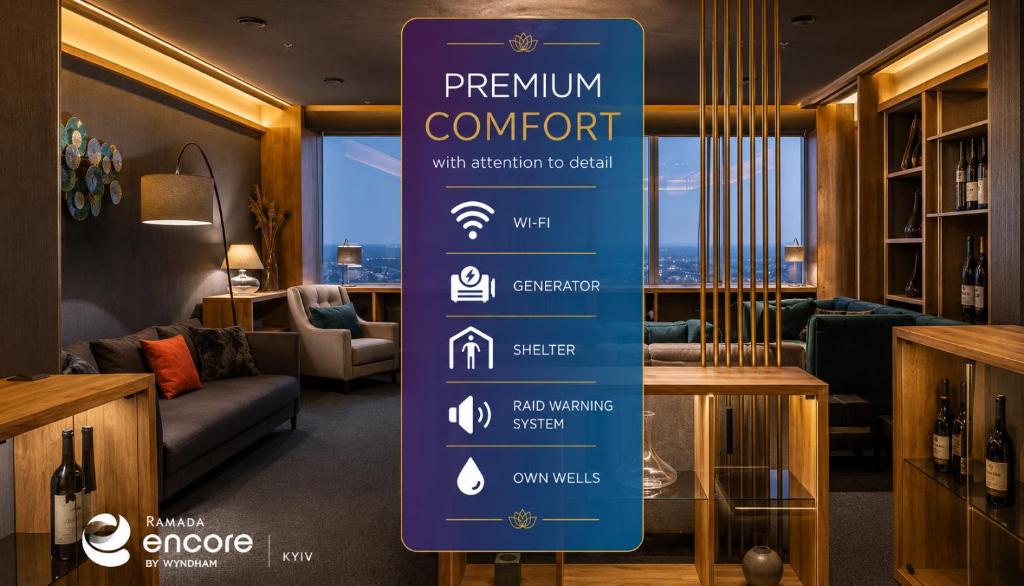 a sign for apremium content in a hotel room at Ramada Encore Kyiv in Kyiv