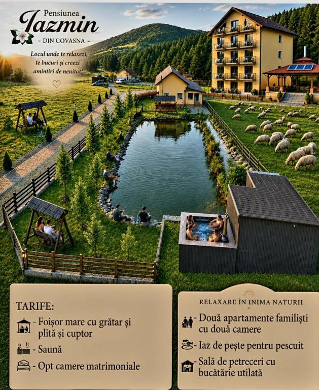 a brochure for a resort with a pond and a building at Casa Jazmin Covasna in Covasna