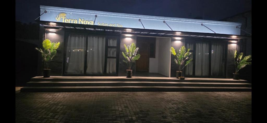 a building with potted plants in front of it at night at Terra Nova Suites and Spa in Gqeberha