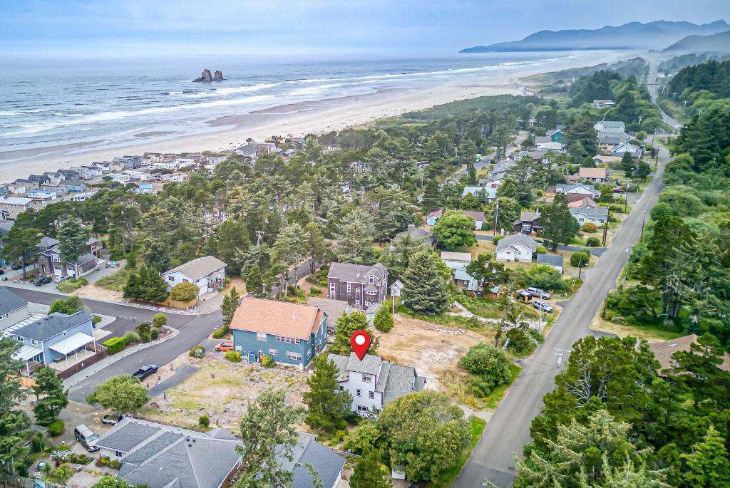 an aerial view of a town and beach at Twin Rocks Beach House in Rockaway Beach