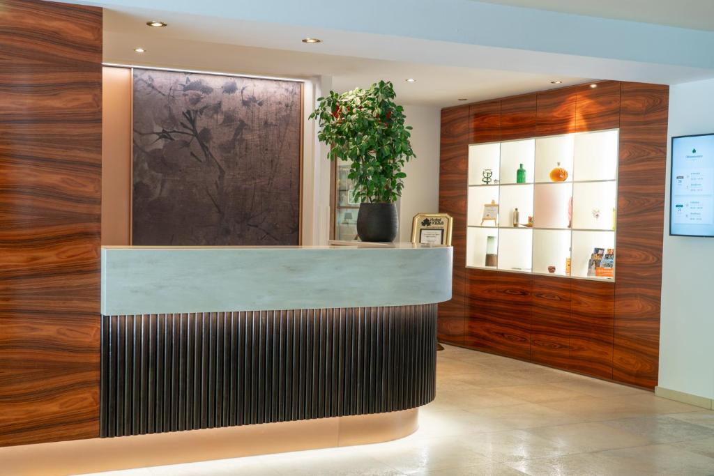 a lobby with a counter with a plant on it at Klaus im Weinviertel in Wolkersdorf
