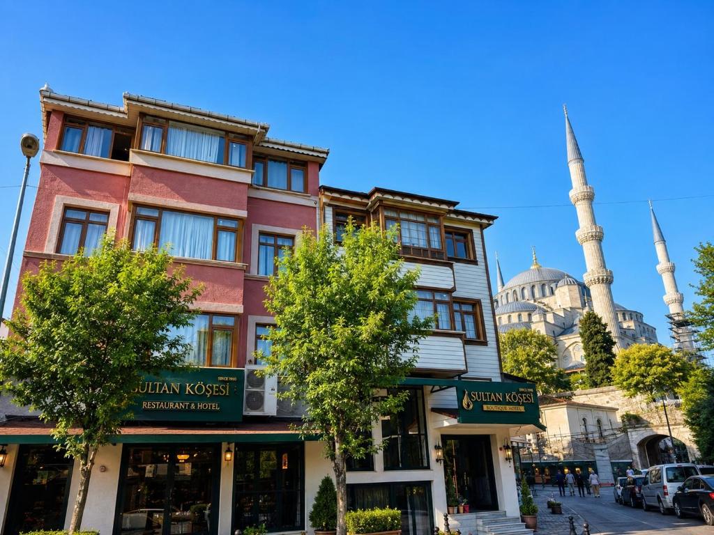 a building on a street with a mosque in the background at Sultan Corner Hotel in Istanbul