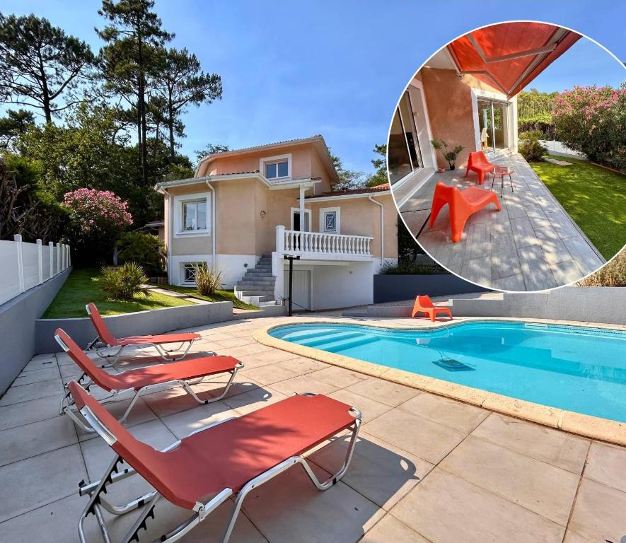a house with a swimming pool and a mirror at Villa à Pyla-sur-Mer avec piscine in La Teste-de-Buch