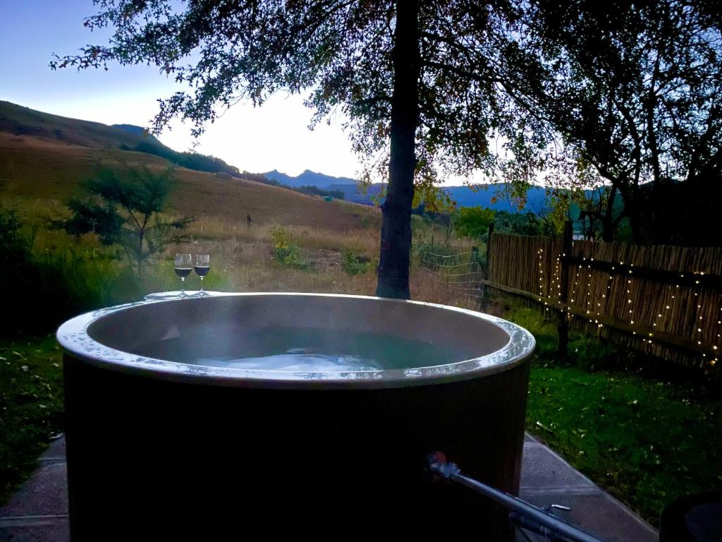 a bath tub in a yard with a tree at Sani Lodge & Cottages in Sani Pass