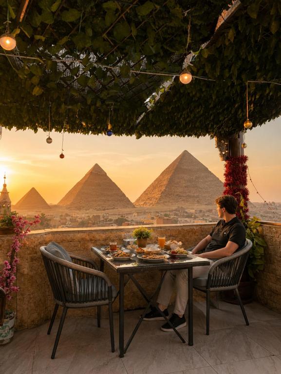 Ein Mann sitzt an einem Tisch und betrachtet die Pyramiden. in der Unterkunft فندق مونتو - Montu pYramids Hotel in Kairo