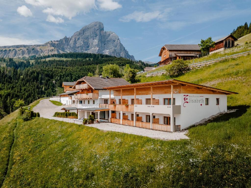 a house on a hill with a mountain in the background at Hotel Elisabeth Panorama in Antermoia