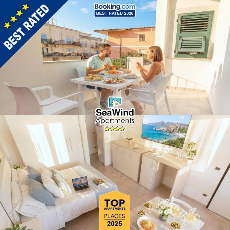 a collage of photos of a apartment with a man and a woman sitting at at The Sea Wind Apartments & Suites in Palau