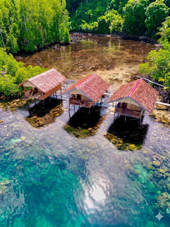 an aerial view of four huts in the water at Mangrove Reef Guest House in Airborei