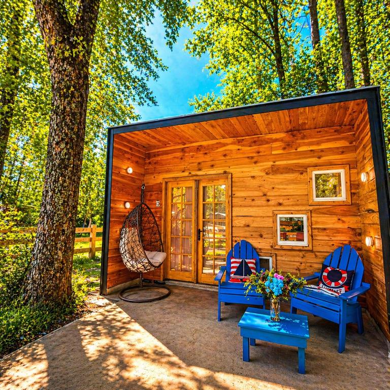 a log cabin with two blue chairs and a table at Tiny house in Coñaripe