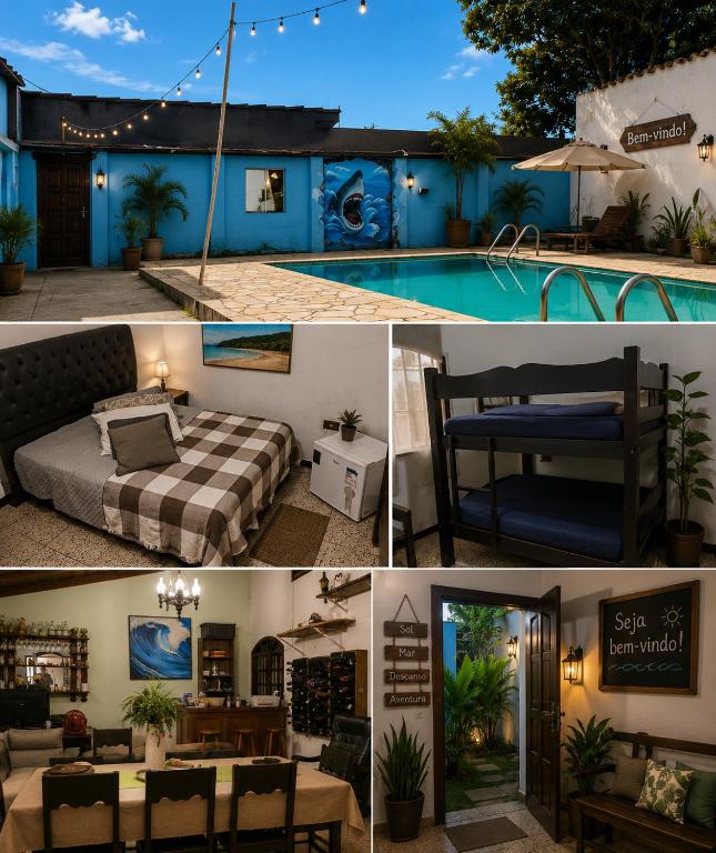a collage of photos with a bedroom and a pool at Pousada Pontal de Santa Marina - Caraguatatuba in Caraguatatuba
