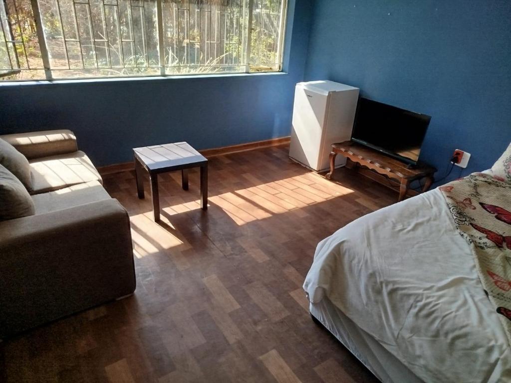 a living room with a couch and a tv at Manor Rentals in Potchefstroom