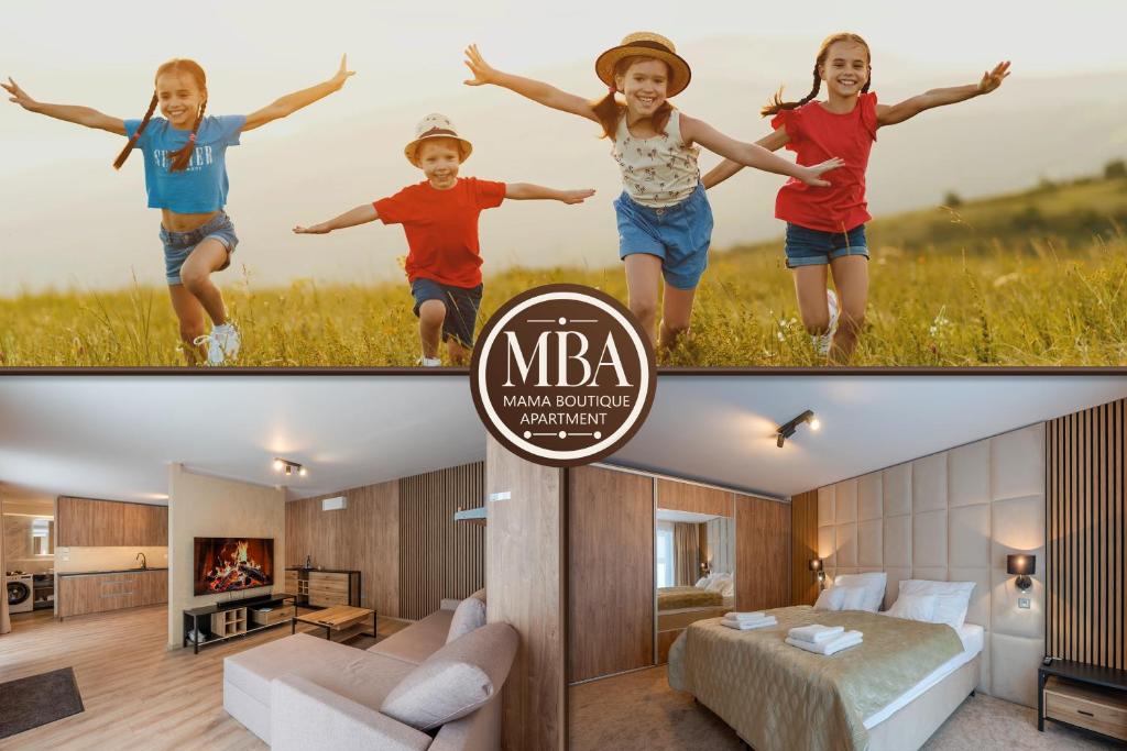 a group of children jumping in a hotel room at Mama Boutique Apartment in Krušetnica
