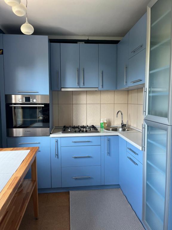 a kitchen with blue cabinets and a sink at Aluksne city nest in Alūksne