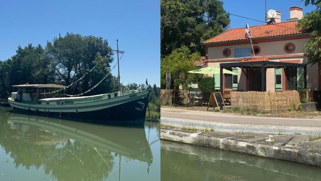 a boat sitting in the water next to a building at Péniche GEMJO & Maison d'Ecluse No17 - Chambres d'hôtes insolites au fil du canal in Castelsarrasin