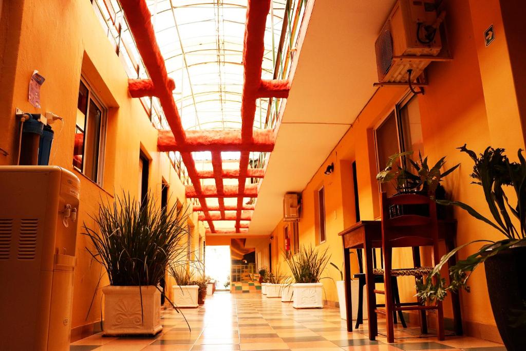 a hallway with plants and a skylight in a building at Borus Hostel in Puerto Iguazú