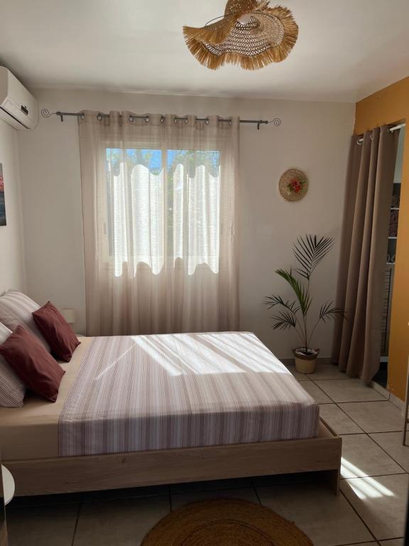 a bedroom with a bed with a window and a chandelier at lagon studio ermitage in Saint-Paul