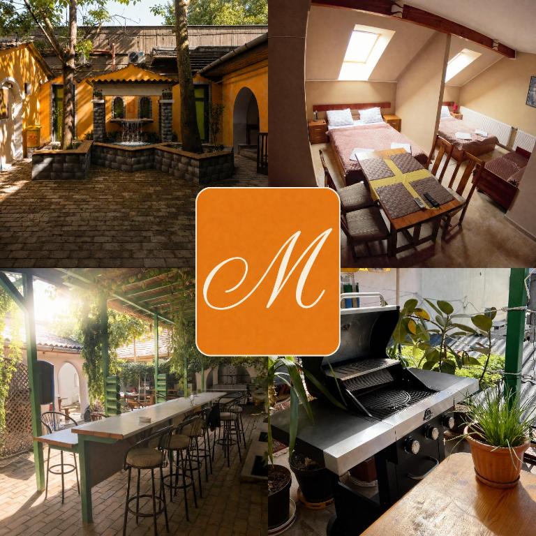 a collage of photos of a house with a restaurant at Müller's 2 in Siófok