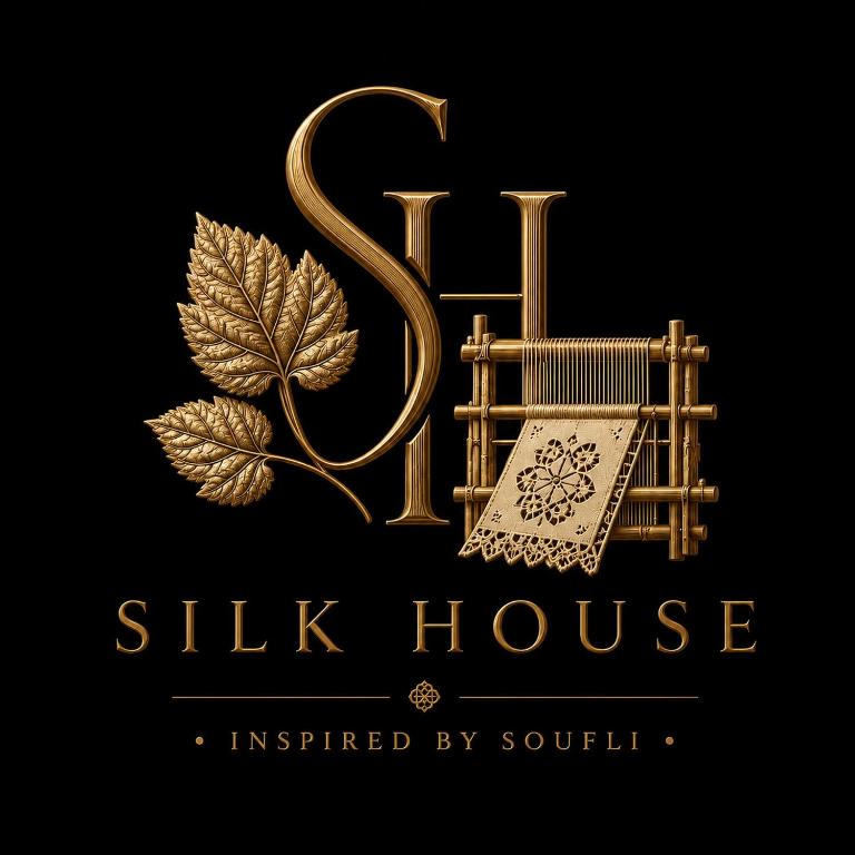 a gold sign for a ski house with a leaf at Silk House in Souflíon