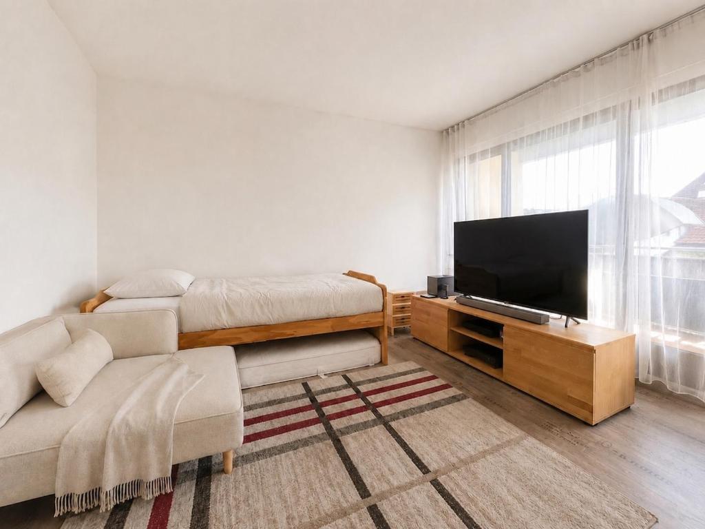 a living room with a couch and a flat screen tv at Apartment Balkon Parkplatz Arbeitsplatz in Reutlingen