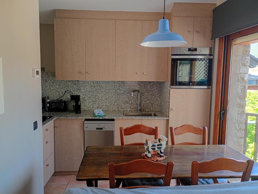 a kitchen with a wooden table with chairs and a sink at Apartament casa Rural Cal Xico d'Adrall -La Seu d'Urgell-Andorra in Adrall