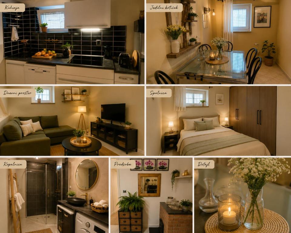 a collage of photos of a kitchen and a living room at RoseArt Nest Studio in Ljubljana