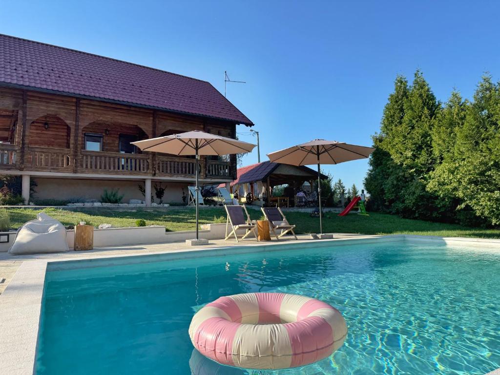 a swimming pool with a raft in front of a house at Pine House - Holiday Home in Banja Luka