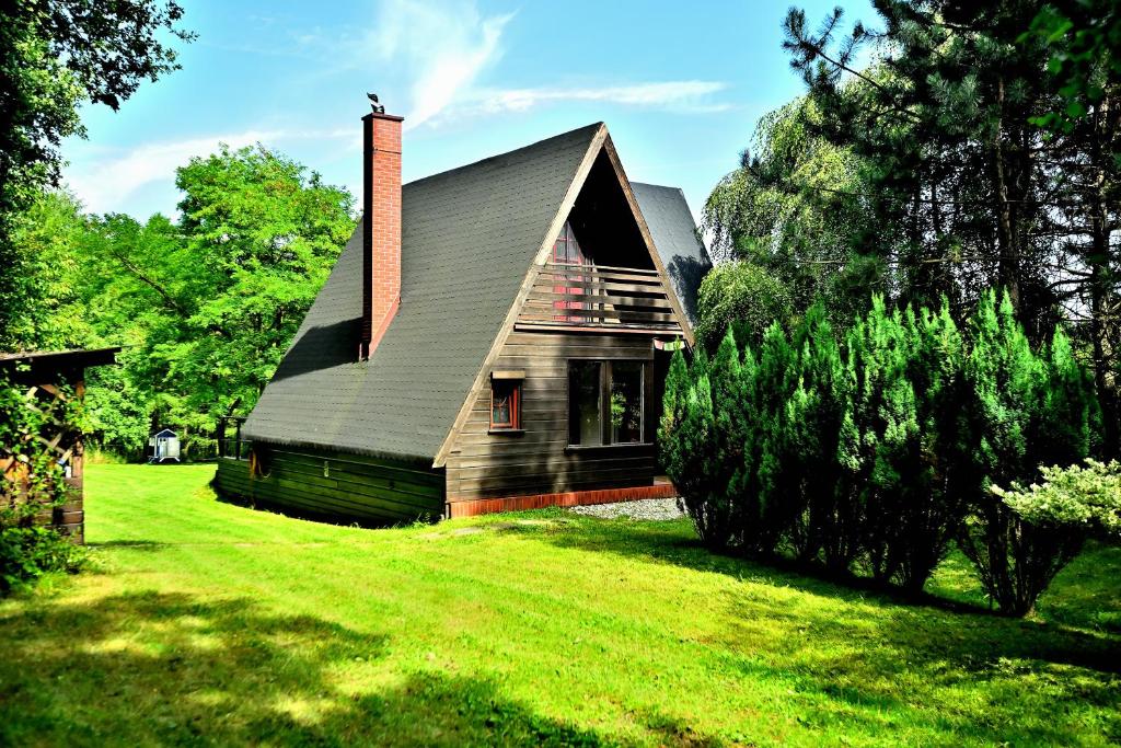a house with a chimney on a green lawn at PrzyTuLasek - domek pod lasem w sercu natury, blisko Energylandii in Zator