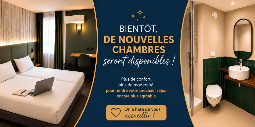 a poster for a hotel room with a bed and a laptop at Kyriad Lyon Sud - Saint Genis Laval in Saint-Genis-Laval