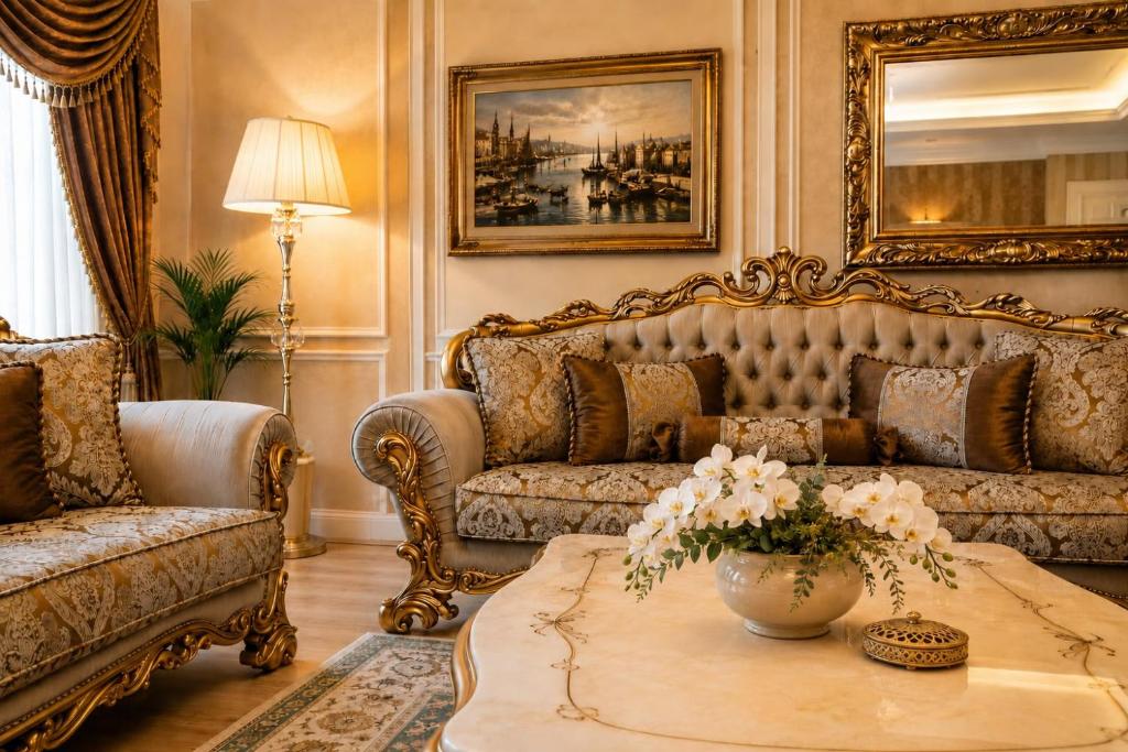a living room with a couch and a table at REAL KiNG RESiDENCE in Trabzon